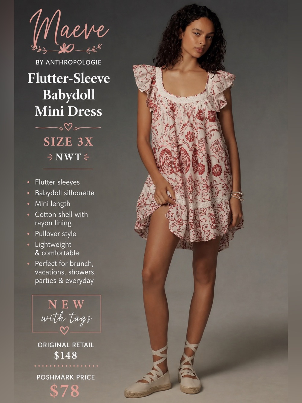 Maeve Anthropologie Flutter Sleeve Babydoll Mini Dress 3X NWT Cotton Plus